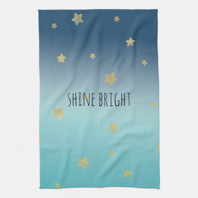 Gold Stars Aqua Blue Ombre personalised quote Tea Towel (Vertical)