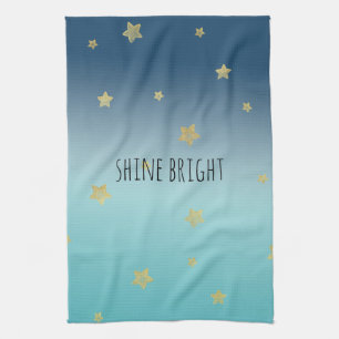 Gold Stars Aqua Blue Ombre personalized quote Tea Towel