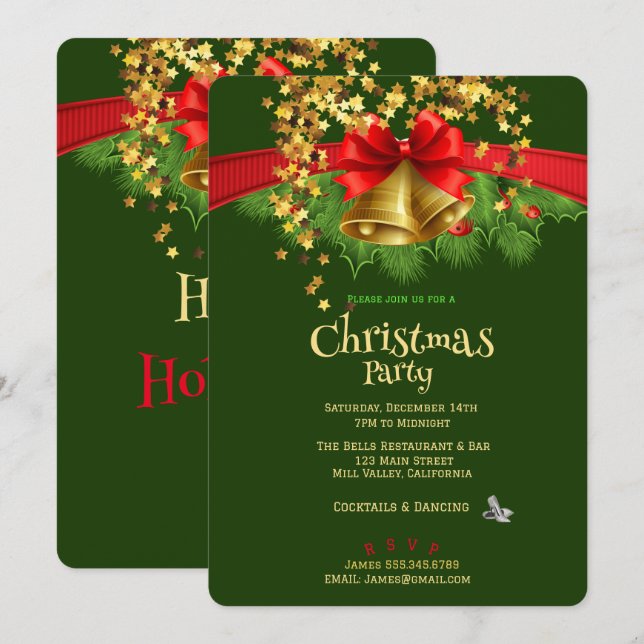 Gold Stars & Bells Christmas Party Invitation (Front/Back)