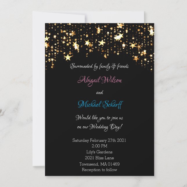 Gold Stars & Black Modern Wedding Invitations (Back)