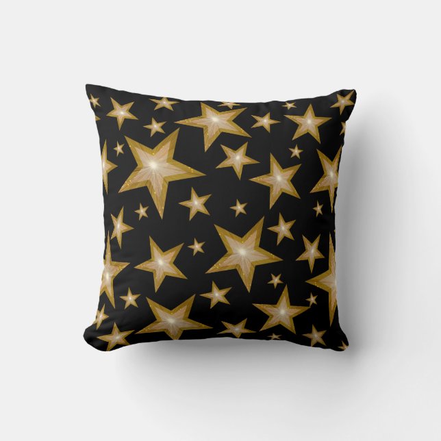 "Gold" Stars Black 'Text' square black back Cushion (Front)
