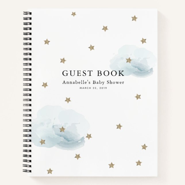 Gold Stars & Blue Clouds Baby Shower Guest Book (Front)