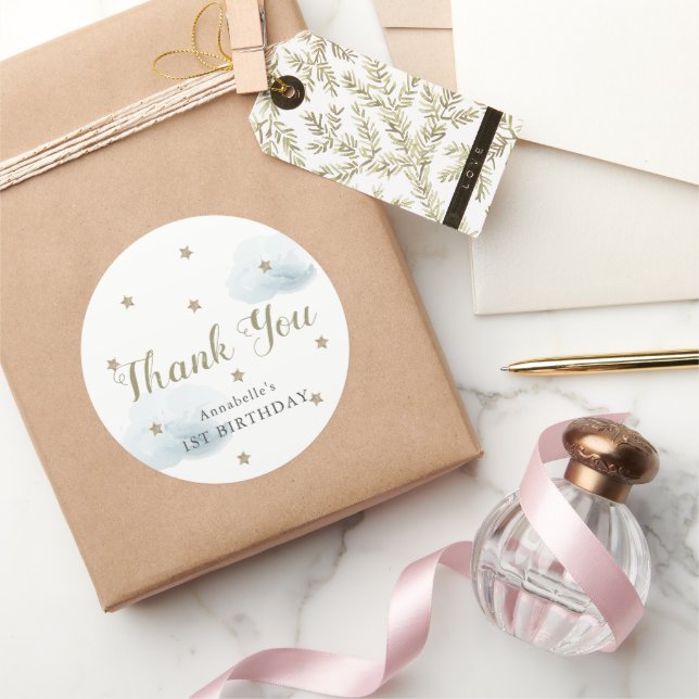 Gold Stars & Blue Clouds Birthday Thank You Classic Round Sticker (Gifting)