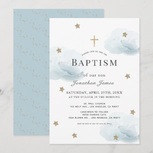 Gold Stars & Blue Clouds Boy Baptism Invitation