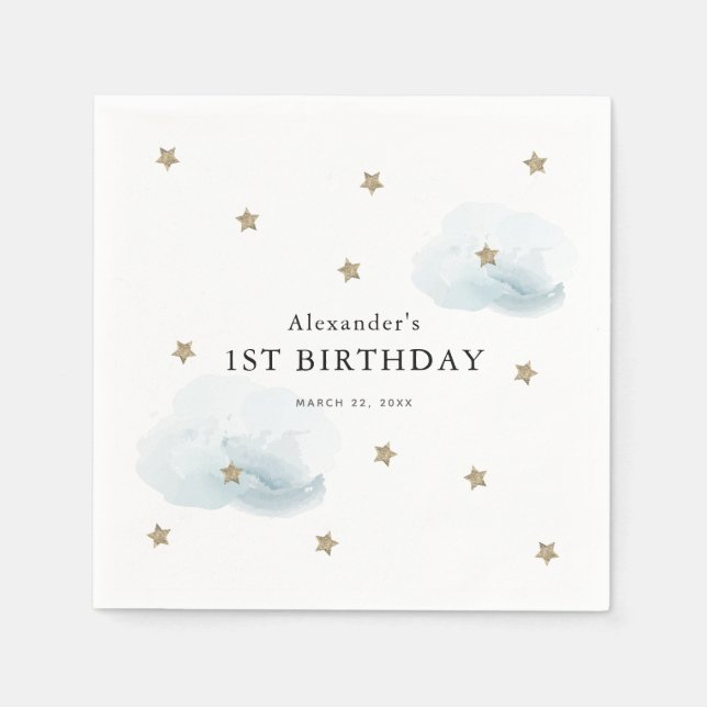 Gold Stars & Blue Clouds Kid's Birthday Napkin (Front)