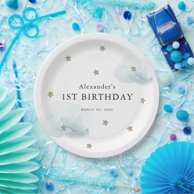 Gold Stars & Blue Clouds Kid's Birthday Paper Plate (Party)