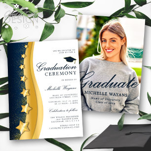 Gold Stars Blue Graduation Ceremony & Party Invitation