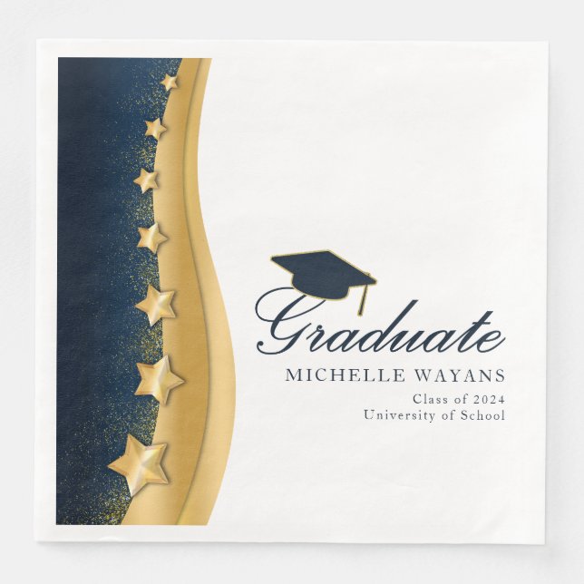 Gold Stars Blue Hat Graduation Party Napkin (Front)