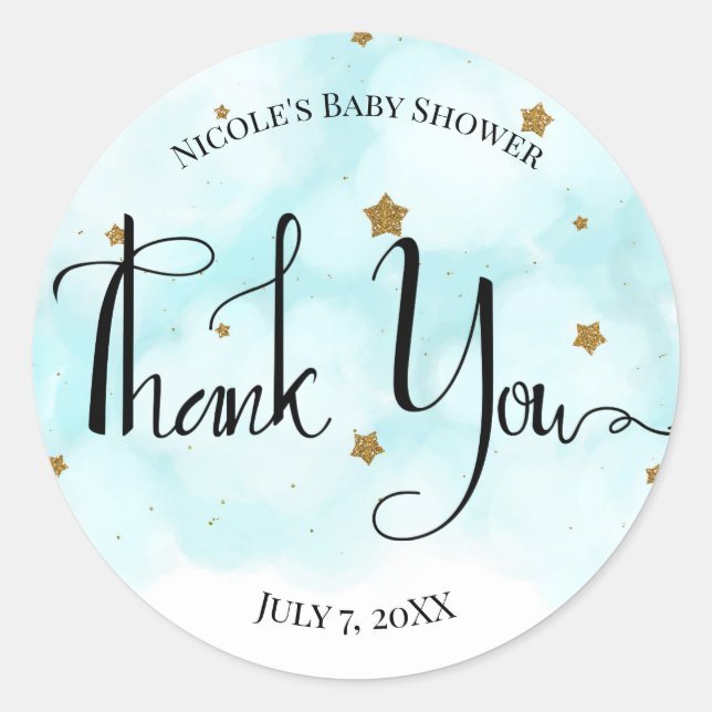 Gold Stars & Blue Sky Clouds Baby Shower Classic Round Sticker (Front)