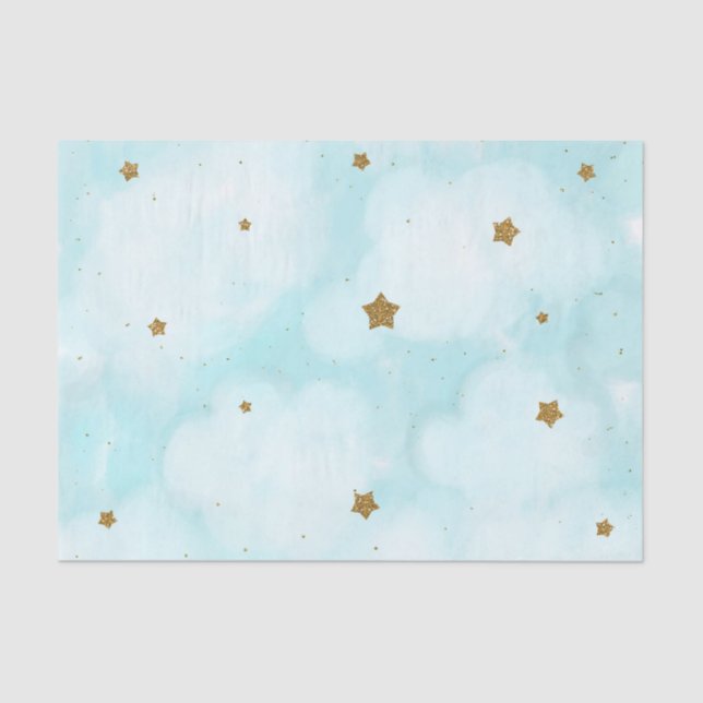 Gold Stars & Blue Sky Clouds Baby Shower Party Tissue Paper (Front)