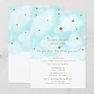 Gold Stars & Blue Sky Clouds Baby Shower Twins Invitation
