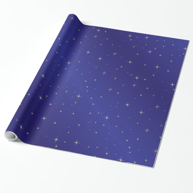 Gold Stars Blue Sky Wrapping Paper (Unrolled)