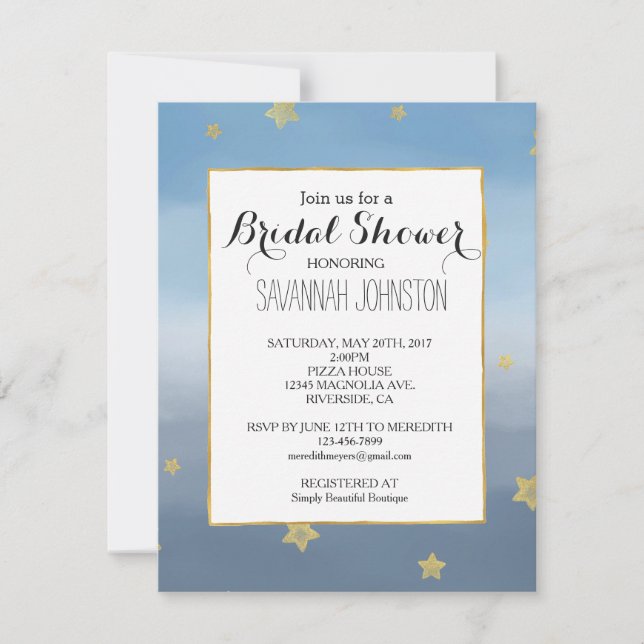 Gold Stars Blue Watercolor Sky bridal shower Invitation (Front)