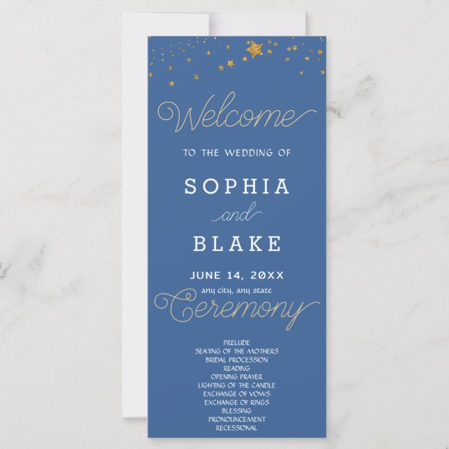 Gold Stars Celestial Dark Blue Wedding Program (Front)