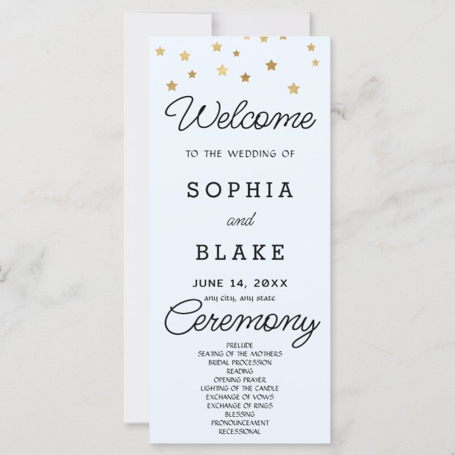 Gold Stars Celestial Light Blue Wedding Program (Front)