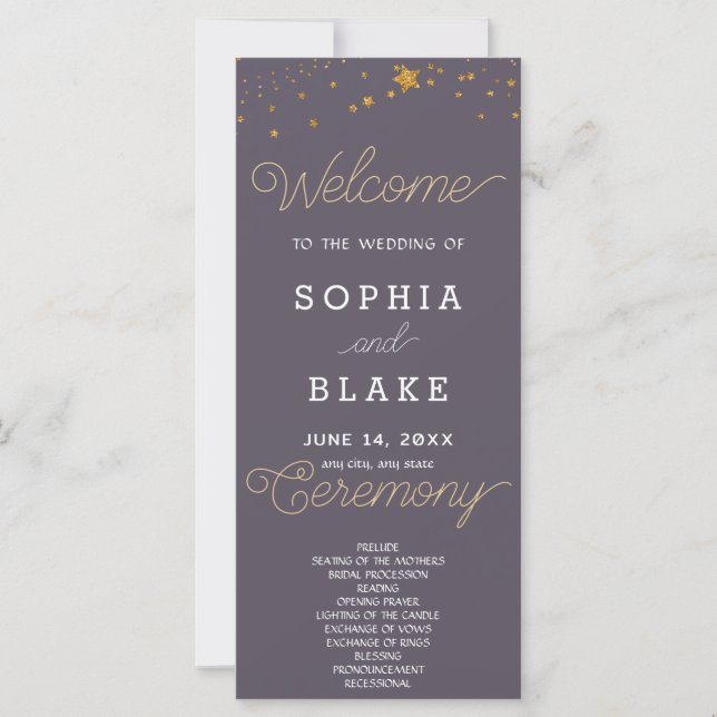 Gold Stars Celestial Smoke Grey Wedding Program (Front)
