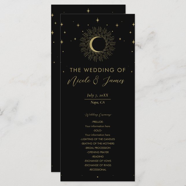 Gold Stars Celestial Sunburst Moon Wedding Program Menu (Front/Back)