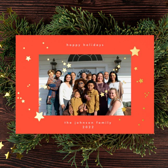 Gold Stars Cherry Red Photo Happy Christmas Foil Holiday Card (Creator Uploaded)