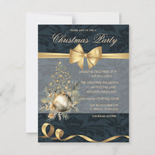 Gold Stars Christmas Tree Bow Ball Christmas Party Invitation
