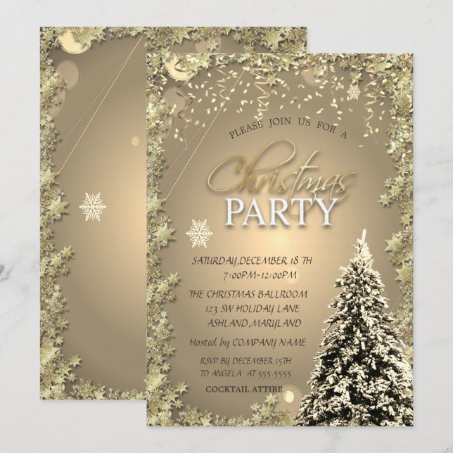Gold Stars,Christmas Tree Company Christmas Party Invitation (Front/Back)