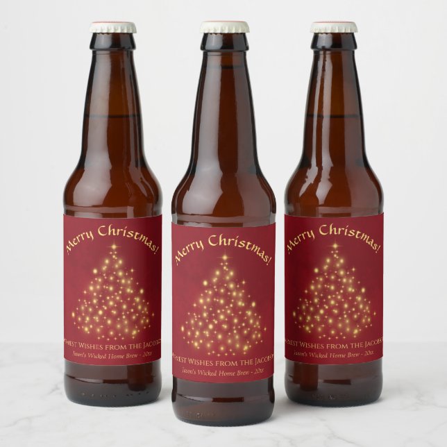 Gold Stars Christmas Tree on Red Fun Holiday Beer Bottle Label (Bottles)