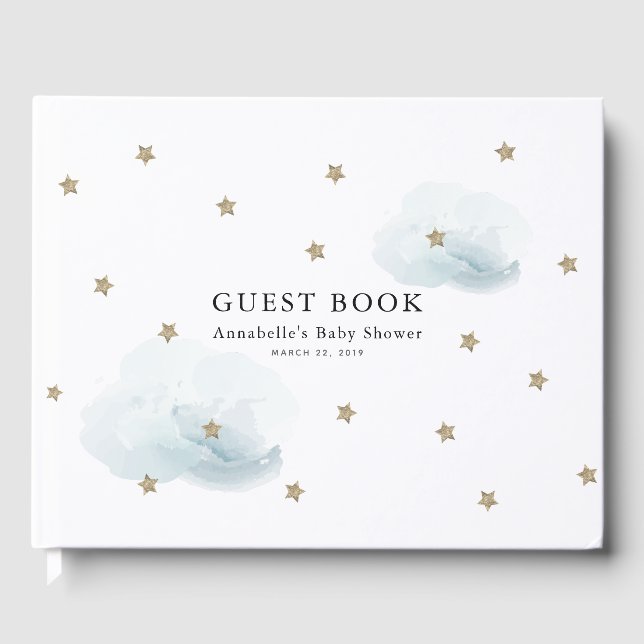Gold Stars & Clouds Baby Shower Guest Book (Front)