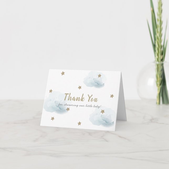 Gold Stars & Clouds Baby Shower Thank You Card (Front)