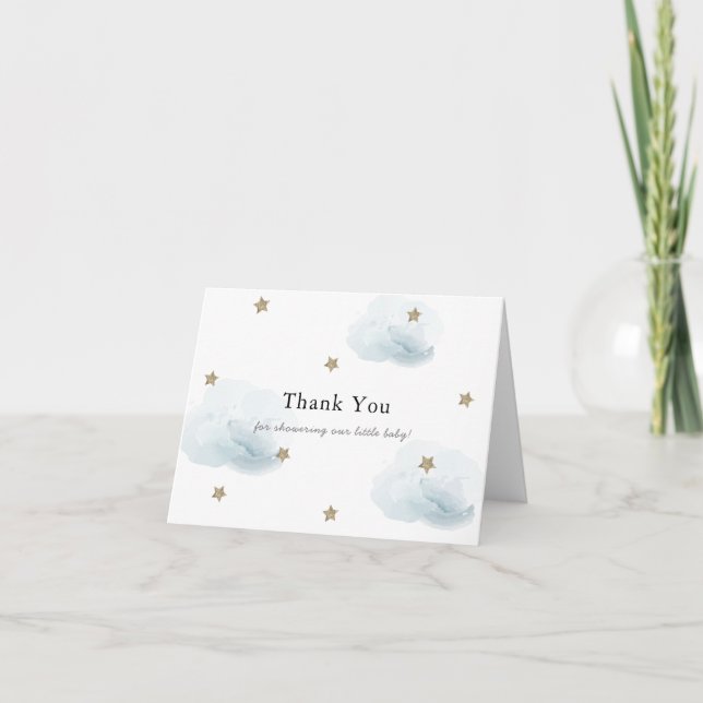 Gold Stars & Clouds Baby Shower Thank You Card (Front)