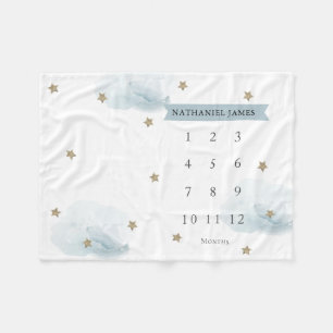 Gold Stars & Clouds Blue Boy Monthly Milestone Fleece Blanket