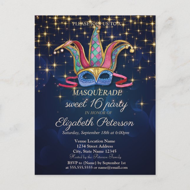 Gold Stars,Colourful Masque,Navy Blue Sweet 16  Invitation Postcard (Front)