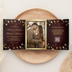 Gold Stars Confetti Barn Wood QR Code Wedding Tri-Fold Invitation