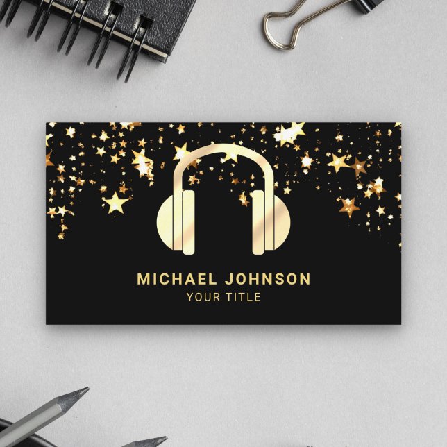 Gold Stars Confetti Black Gold Headphones Music DJ Business Card (Creator Uploaded)