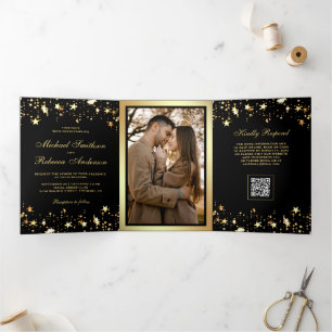 Gold Stars Confetti Black QR Code Wedding Tri-Fold Invitation