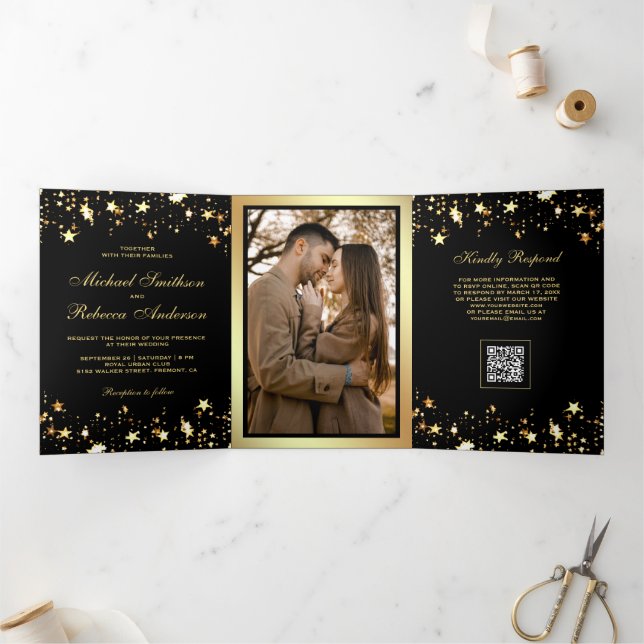 Gold Stars Confetti Black QR Code Wedding Tri-Fold Invitation (Inside)