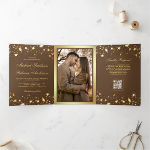Gold Stars Confetti Dark Brown QR Code Wedding Tri-Fold Invitation