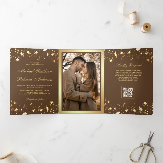 Gold Stars Confetti Dark Brown QR Code Wedding Tri-Fold Invitation (Inside)