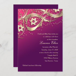 Gold Stars Confetti Flourish Bat Mitzvah Pink  Invitation
