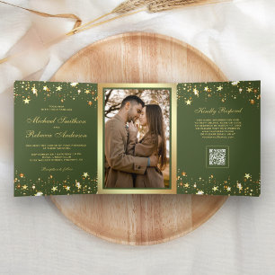 Gold Stars Confetti Olive Green QR Code Wedding Tri-Fold Invitation