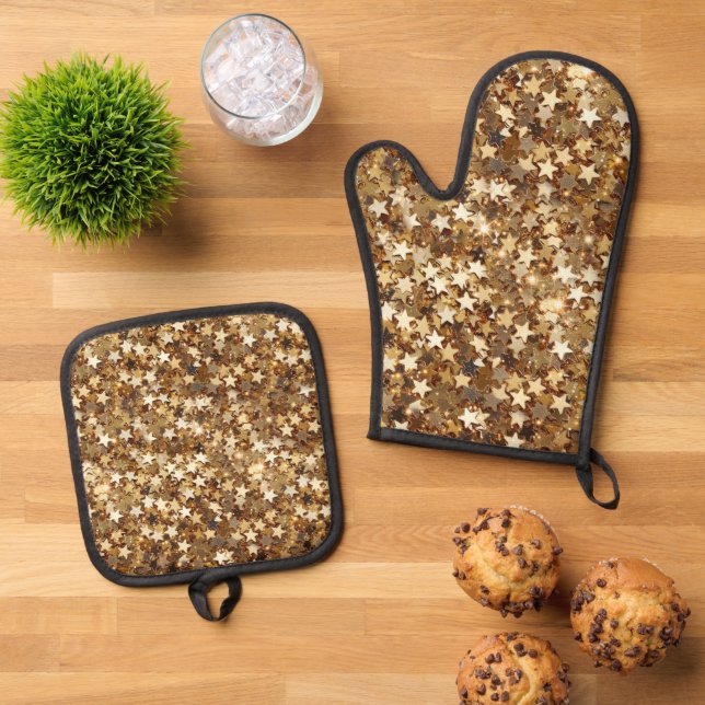 Gold Stars Confetti Oven Mitt & Pot Holder Set (Top Down)