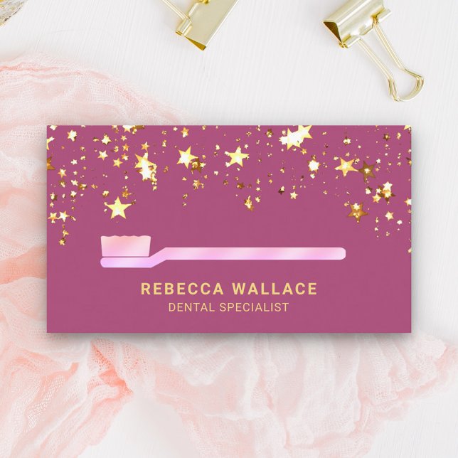 Gold Stars Confetti Pink Toothbrush Dentist Business Card (Creator Uploaded)