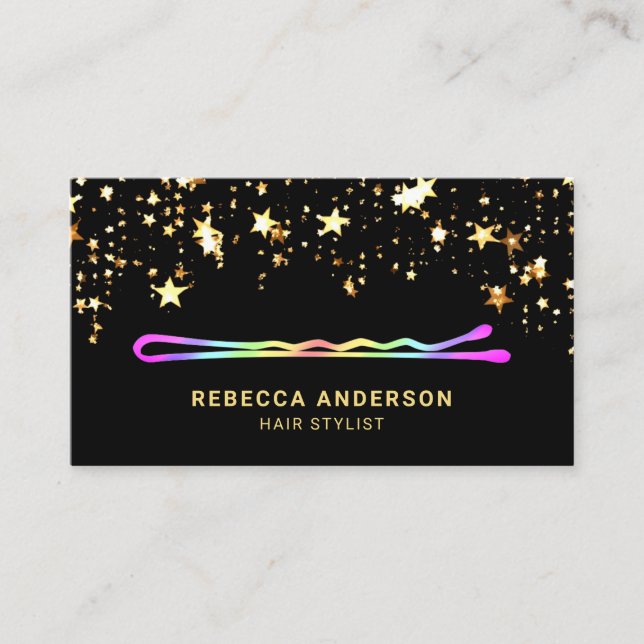 Gold Stars Confetti Rainbow Hair pin Hair Stylist Business Card (Front)