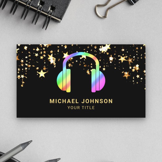 Gold Stars Confetti Rainbow Headphones Music DJ Business Card (Creator Uploaded)