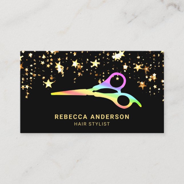 Gold Stars Confetti Rainbow Scissors Hair Stylist Business Card (Front)