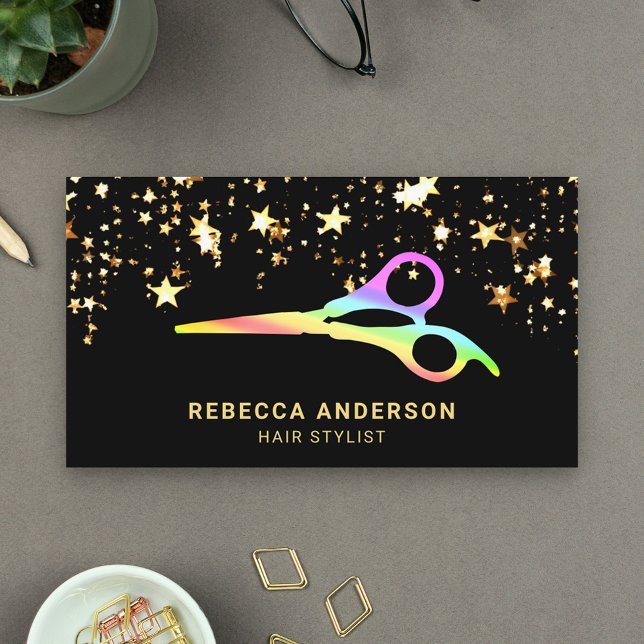 Gold Stars Confetti Rainbow Scissors Hair Stylist Business Card (Creator Uploaded)