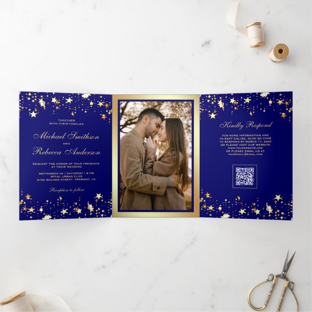 Gold Stars Confetti Royal Blue QR Code Wedding Tri-Fold Invitation (Inside)