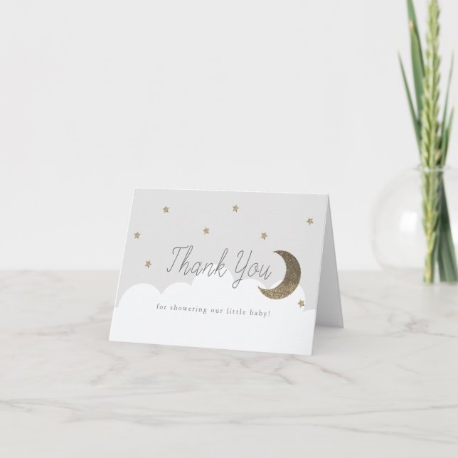 Gold Stars & Crecsent Moon Grey Baby Shower Thank You Card (Front)