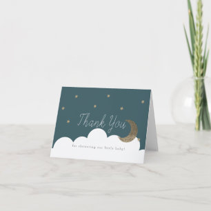 Gold Stars & Crecsent Moon Navy Blue Baby Shower Thank You Card