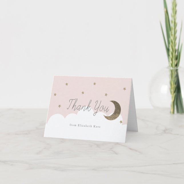Gold Stars & Crecsent Moon Pink Girl Thank You Card (Front)