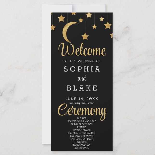 Gold Stars Crescent Moon Block Wedding Program (Front)