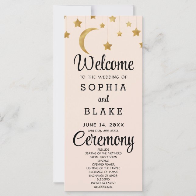 Gold Stars Crescent Moon Cream Wedding Program (Front)